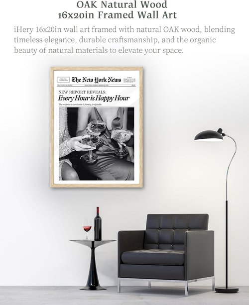iHery Framed Newspaper Wall Art - Trendy Retro New York Prints | Natural Oak Wood, 16x20in for Bedroom & Dorm