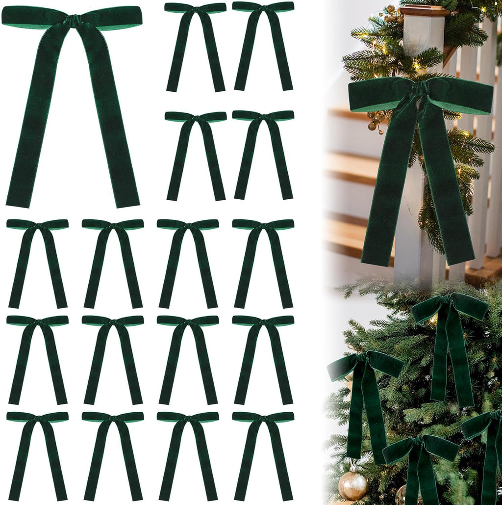 Skiennix 24 Pcs Velvet Bows - Vintage Ribbon Bows for Christmas Tree & Crafts | Dark Green, 5 x 7 Inch