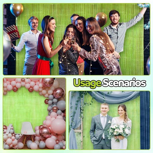 Fanfanwin Neon Green Streamers - 2 Pcs Foil Fringe Backdrop Curtains for Parties | 3.28 x 8.2 ft