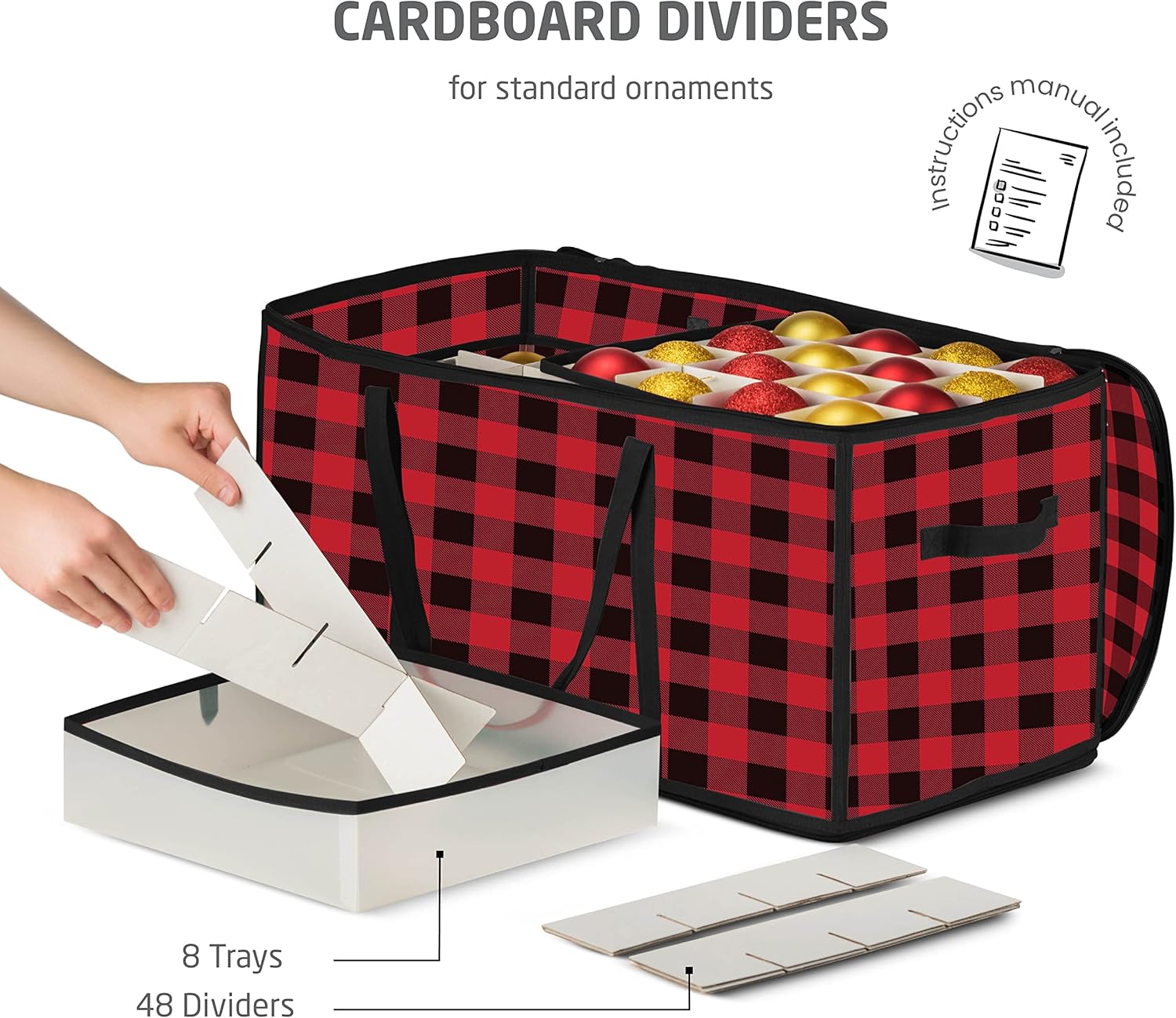 ZOBER Christmas Ornament Storage Box - Durable Plastic Organizer for 128 3" Ornaments | Plaid Design