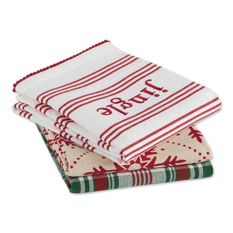 DII Nordic Christmas Collection Plaid & Stripes, Holiday Dish Towels, Kitchen Towel Set, 18x28, Jingle Stripe, Green Plaid, Red Snowflakes, 3 Count