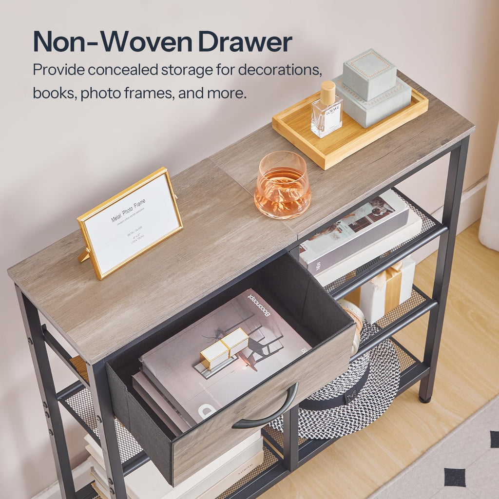 HOOBRO 29.5'' Narrow Console Sofa Table, Entryway Table with Drawer and 5-Tier Storage Shelves, Display Shelf, for Living Room, Bedroom, Hallway, Foyer, Greige and Black BG70XG01