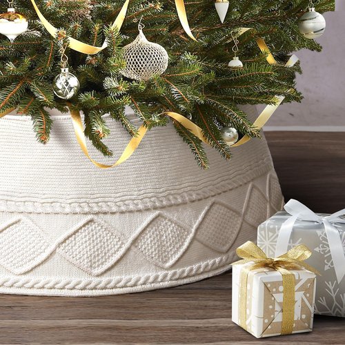 LASPERAL Knitted Christmas Tree Collar - Cream Chunky Cable Knit Ring for Artificial Trees, Farmhouse Rustic Stand Base Cover for Xmas Home Decor