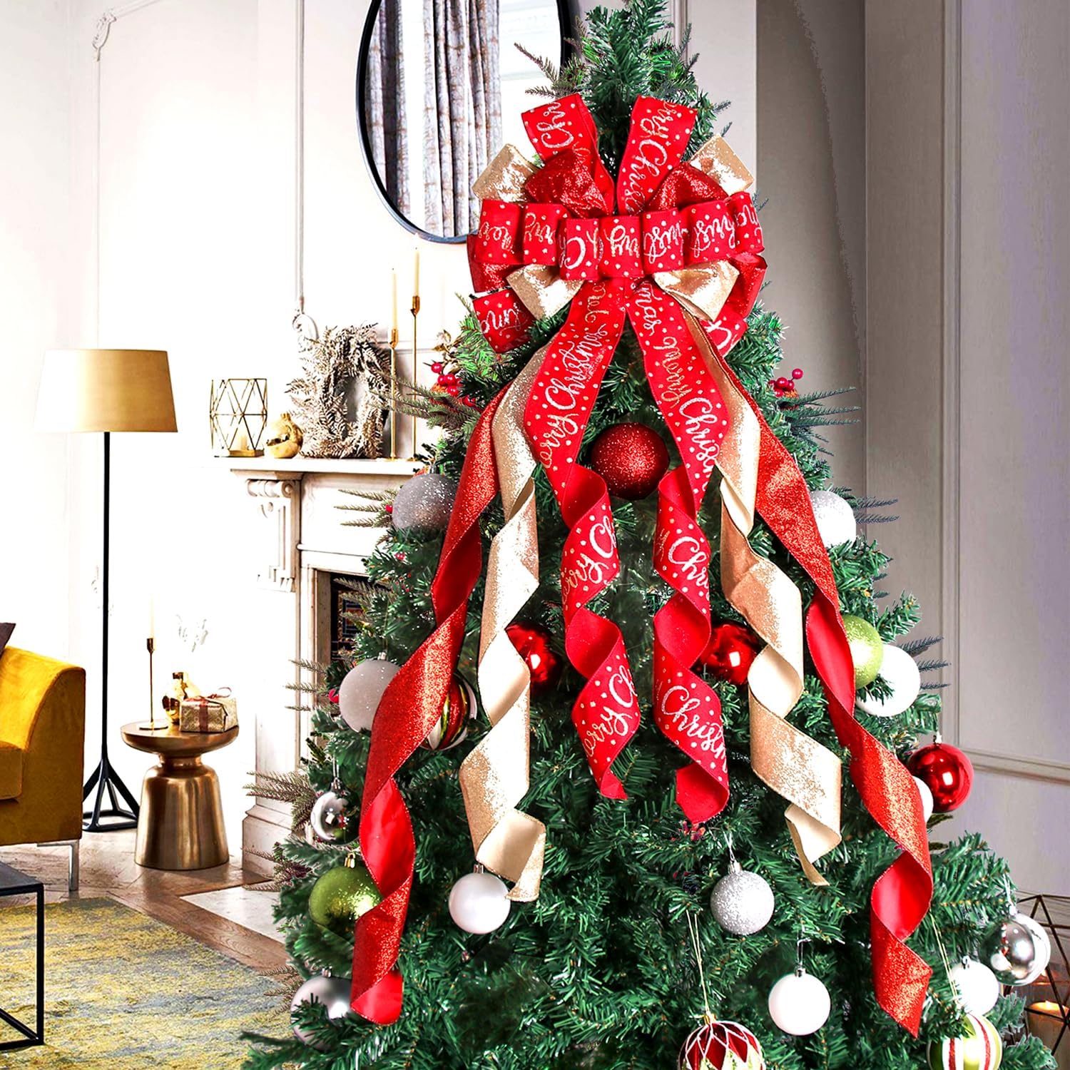 Regine Switzerland Christmas Tree Topper - Large 45"x12" Rustic Red Wreath Bow with Letter Pattern for Holiday Decor