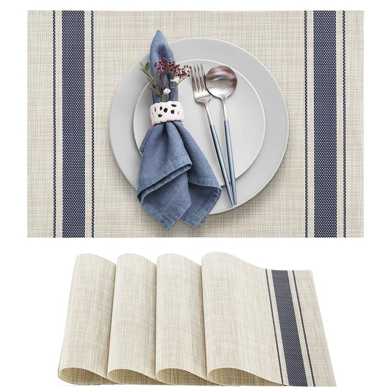 DACHUI Placemats Set of 4, Soft & Elegant Woven Vinyl Place Mats, Water Resistant, Heat Resistant, Washable, Durable Table Mats (Blue Stripes)