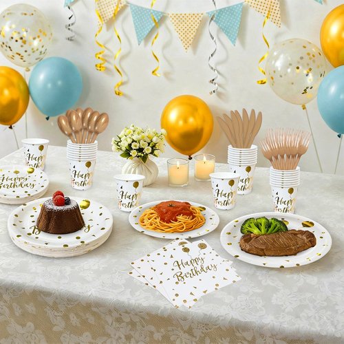 EiPibaibyi Checkered Party Pack - 150ct Disposable Plates & Napkins Set (50x7” & 50x9” Plates + 50 Napkins) for Birthdays, Holidays, Events (Motto Plates, White)