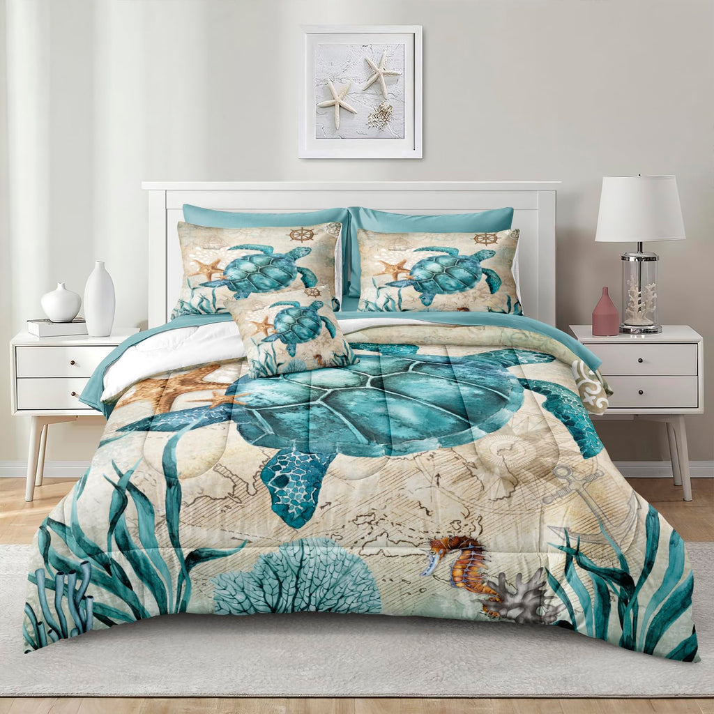 Merryword 8 Pieces Blue Green Comforter Set Full Size Ocean Life Bed in a Bag Turtle Beach Bedding Set Hawaii Style Summer Lightweight Bedding Comforter Set