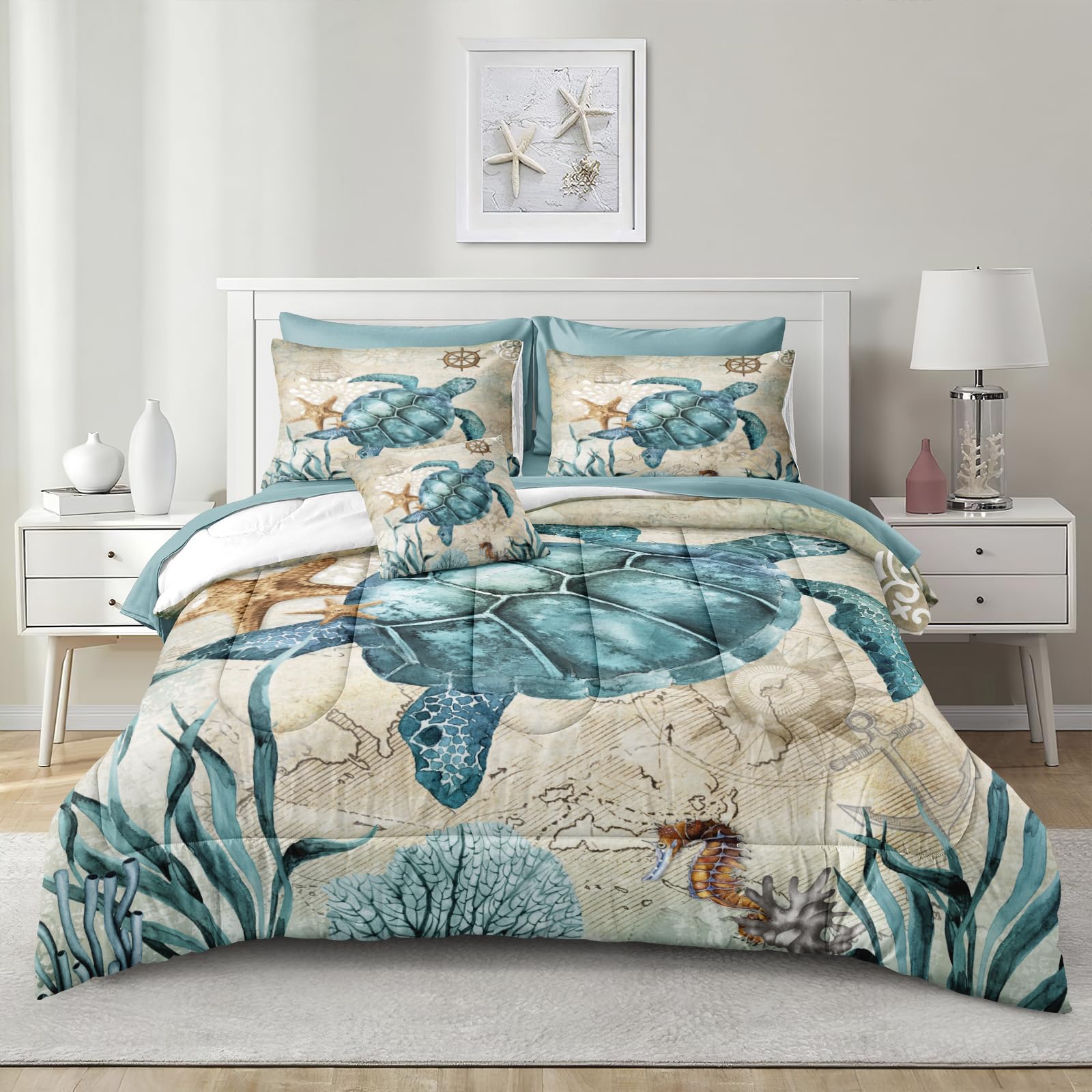 Merryword 8 Pieces Blue Green Comforter Set Full Size Ocean Life Bed in a Bag Turtle Beach Bedding Set Hawaii Style Summer Lightweight Bedding Comforter Set