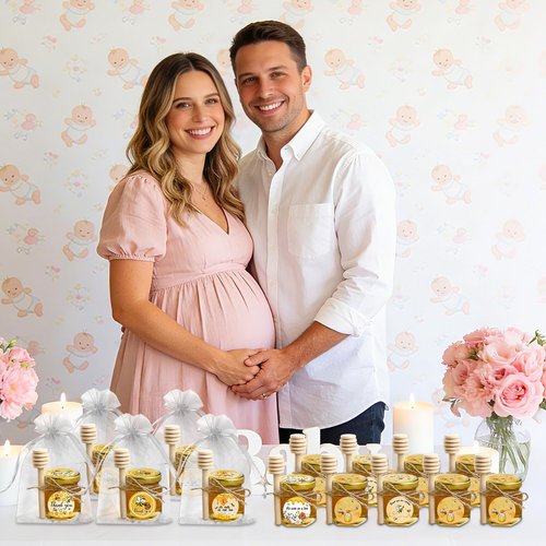 Aliggbent 48 Pack Mini Honey Jars Party Favors in Bulk, 1.5 oz Small Hexagon Glass Honey Jars with Dippers, Lids, Cute Stickers, Bee Charms, Gift Bags and Jute for Baby Showers, Weddings & Birthdays
