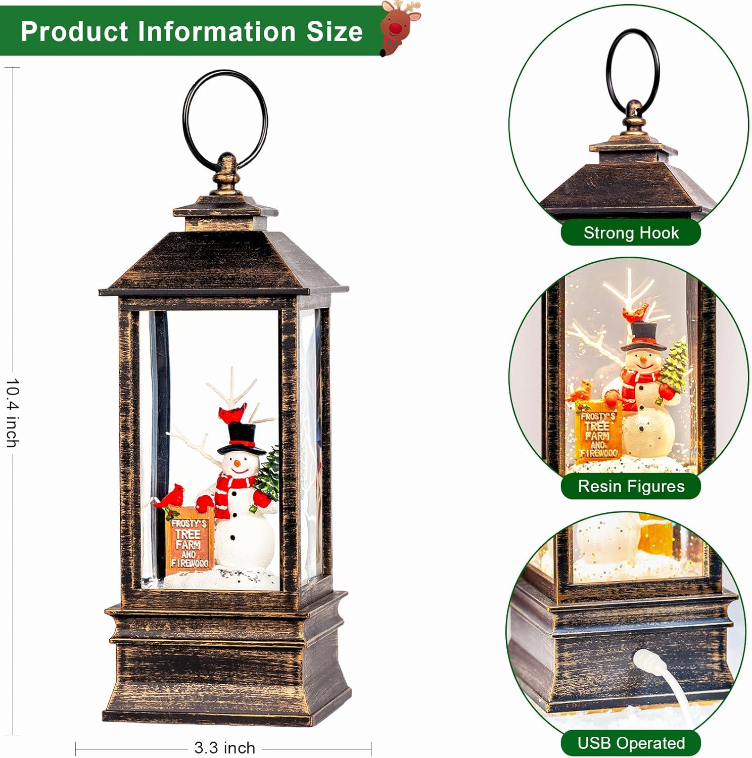 Skiennix Christmas Snow Globe Lantern - Musical Snowman & Tree Scene | Lighted USB/Battery Operated