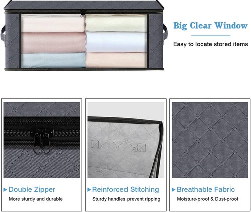 HomeHacks Storage 3-Pack Clothes Organizer Bags - Foldable Design with Large Clear Window | 35L, Gray
