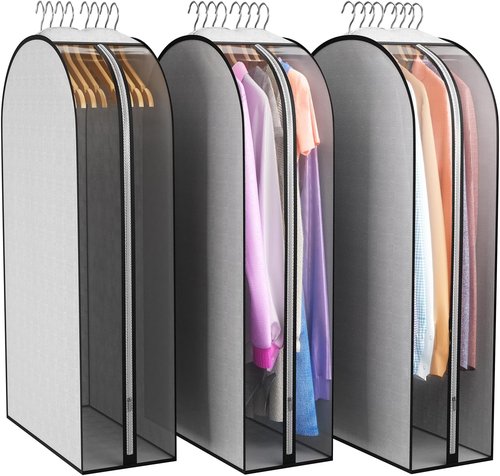 Liuoud 10" Gusseted Garment Bags - Clear Clothing Covers for Suits & Dresses | 3-Pack, Grey