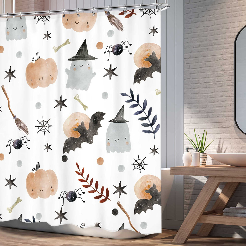 Ufeela Halloween Kids Shower Curtain 60Wx72L Inch Cute Cartoon Ghost Pumpkin Shower Curtain Bathroom Set Bat Spider Web Wizard Hat Funny Stars Leaves Bath Curtain Bathtub Accessories Home Decor