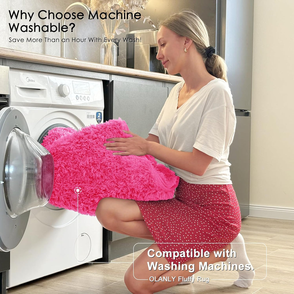 OLANLY Soft Fluffy Shaggy Bedside Rug - Machine Washable 3x5 Hot Pink Carpet for Kids & Nursery Decor
