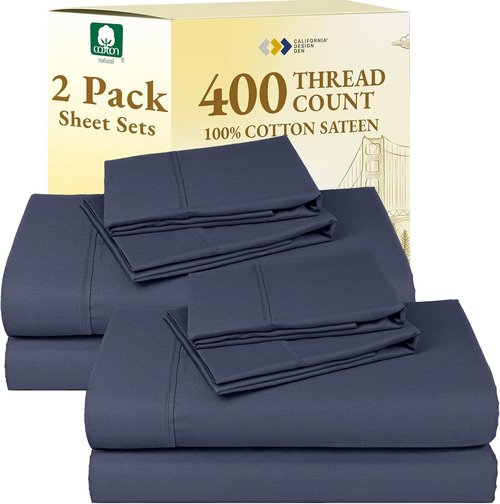 California Design Den Full Size Bed Sheets - 400 Thread Count 100% Cotton Sateen - Soft, Breathable Indigo Blue 2-Pack