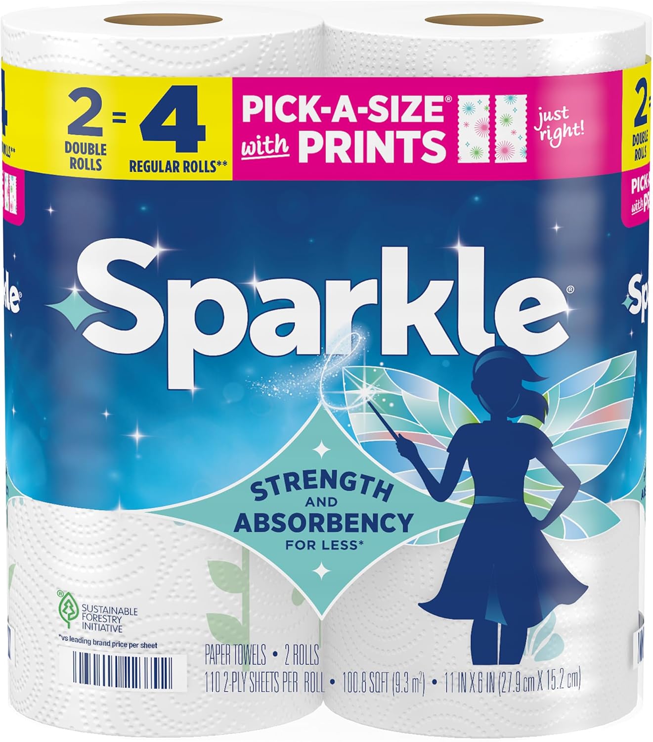 Sparkle Paper Towels - Pick-A-Size, 2 Double Rolls, Strong 2-Ply for Kitchen Cleanup & Everyday Use