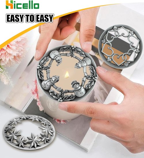 Holiday Candle Toppers by [Brand Name] - Set of 3 Silver Metal Lids with Star, Heart & Snowman Designs | Fits 80mm Jars