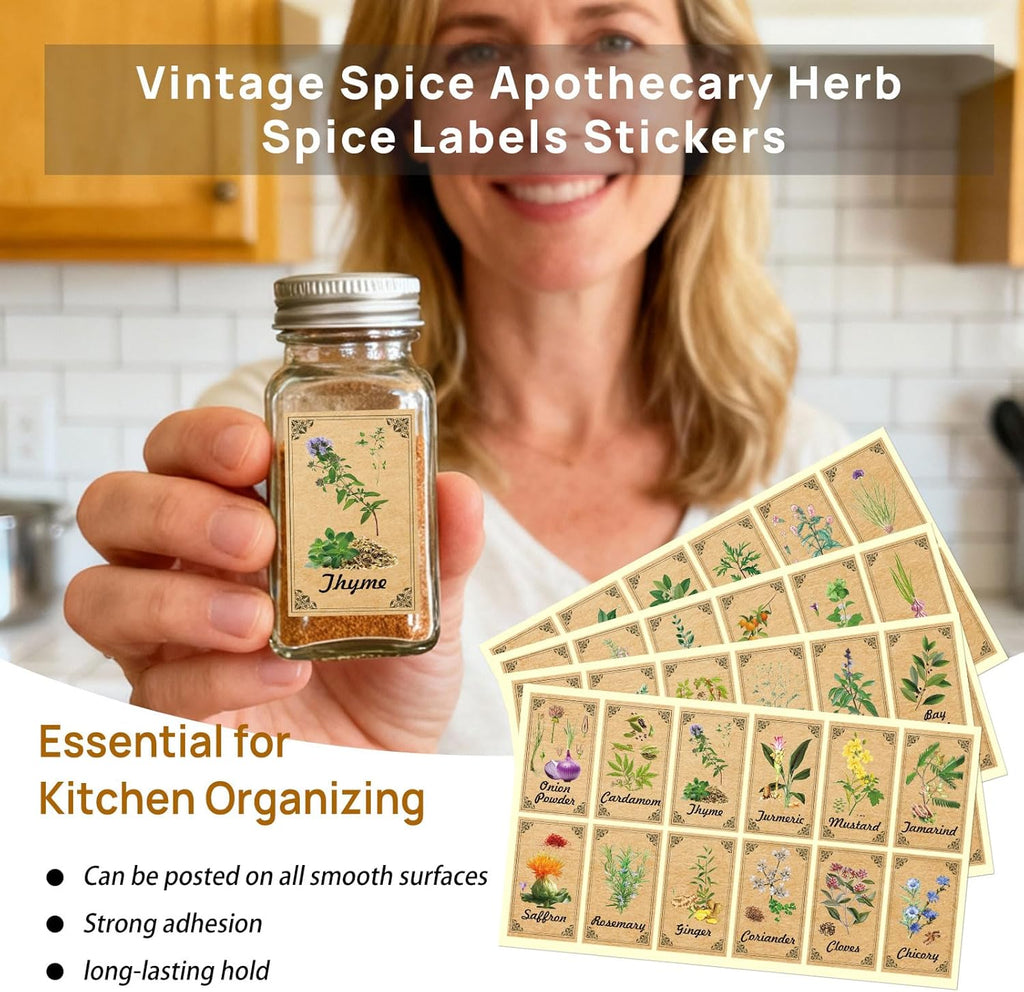 Skiennix 48PCS Herb & Spice Labels - Vintage Stickers for Jar Organization | Apothecary Labels (1.4"x2.4")