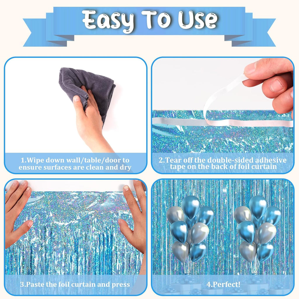 Voircoloria Foil Fringe Backdrop Curtains - Tinsel Streamers for Birthday, Baby Shower & Graduation | 3.3 x 6.6 ft, Light Blue