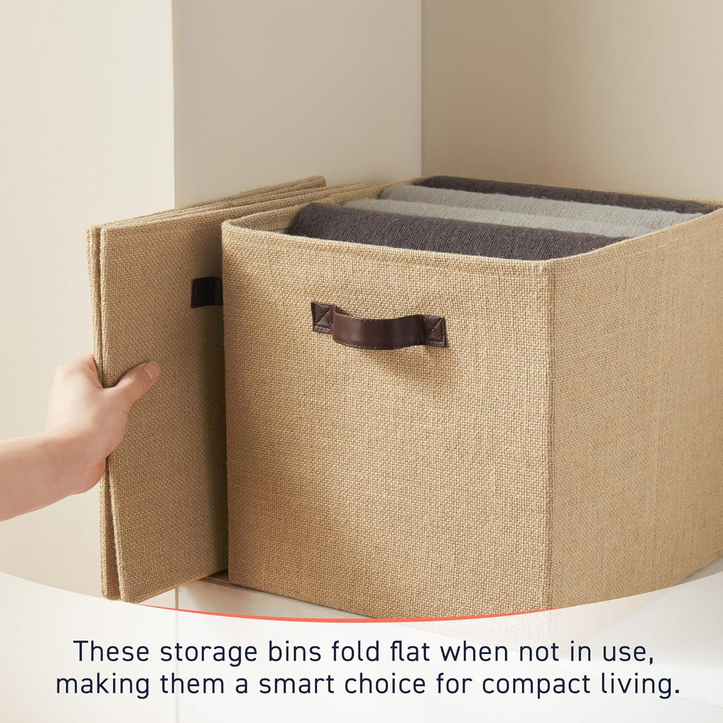 Ornavo Home Storage Cube Bins - 10.5 x 10.5 Jute Baskets, 6 Pack Foldable Organizers with Leather Handles