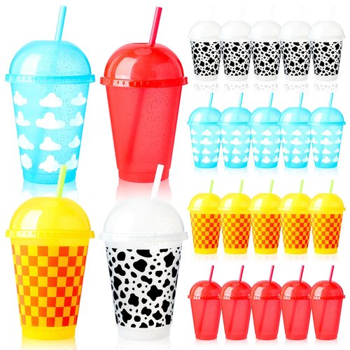 Funnymoom 24 Pcs Cartoon Cups 16 Oz Reusable Cartoon Tale Cups with Straws and Lids Cow Blue White Clouds Plastic Drinks Supplies for Baby Shower Decorations Birthday Party Favor