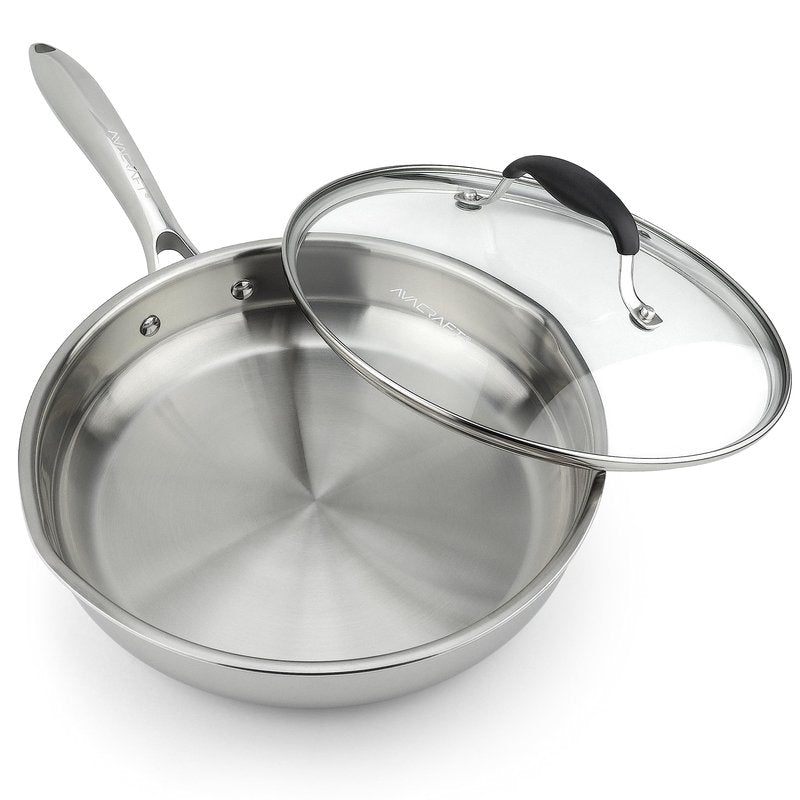 AVACRAFT 18/10 10 Inch Stainless Steel Frying Pan with Lid, Side Spouts, Induction, Versatile Stainless Steel Skillet