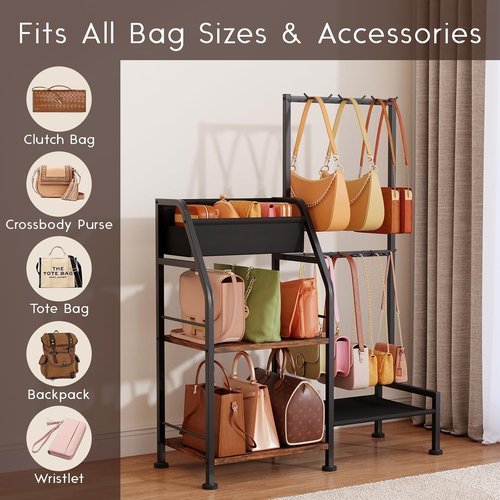Homsorout Purse Organizer - 3-Tier Storage Stand with 12 Fixed Hooks | Space-Saving Black Bag Rack