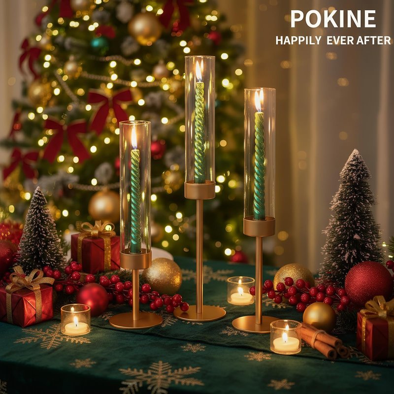 POKINE Set of 6 Gold Candle Holders, Tall Hurricane Candlestick Holders with Glass for Taper and Pillar Candles, Home Decor for Wedding, Christmas, Party, Anniversary, Dining Table