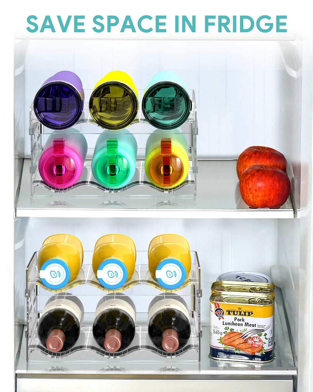 Water Bottle Organizer - 4 Pack Stackable Cup Organizer for Cabinet, Countertop, Pantry and Fridge, Free-Standing Tumbler Kitchen Storage Holder for Wine and Drink Bottles, Clear Plastic