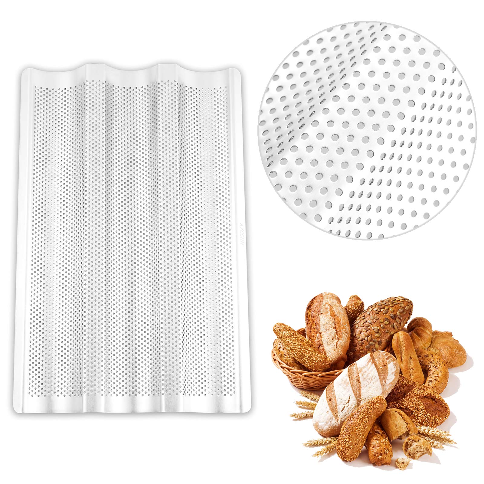 AYCCNH 2 Pack Stainless Steel French Baguette Bread Pan, Perforated Loaf Pans for Baking 15"x10", 3 Waves Toaster Oven Baking Tray