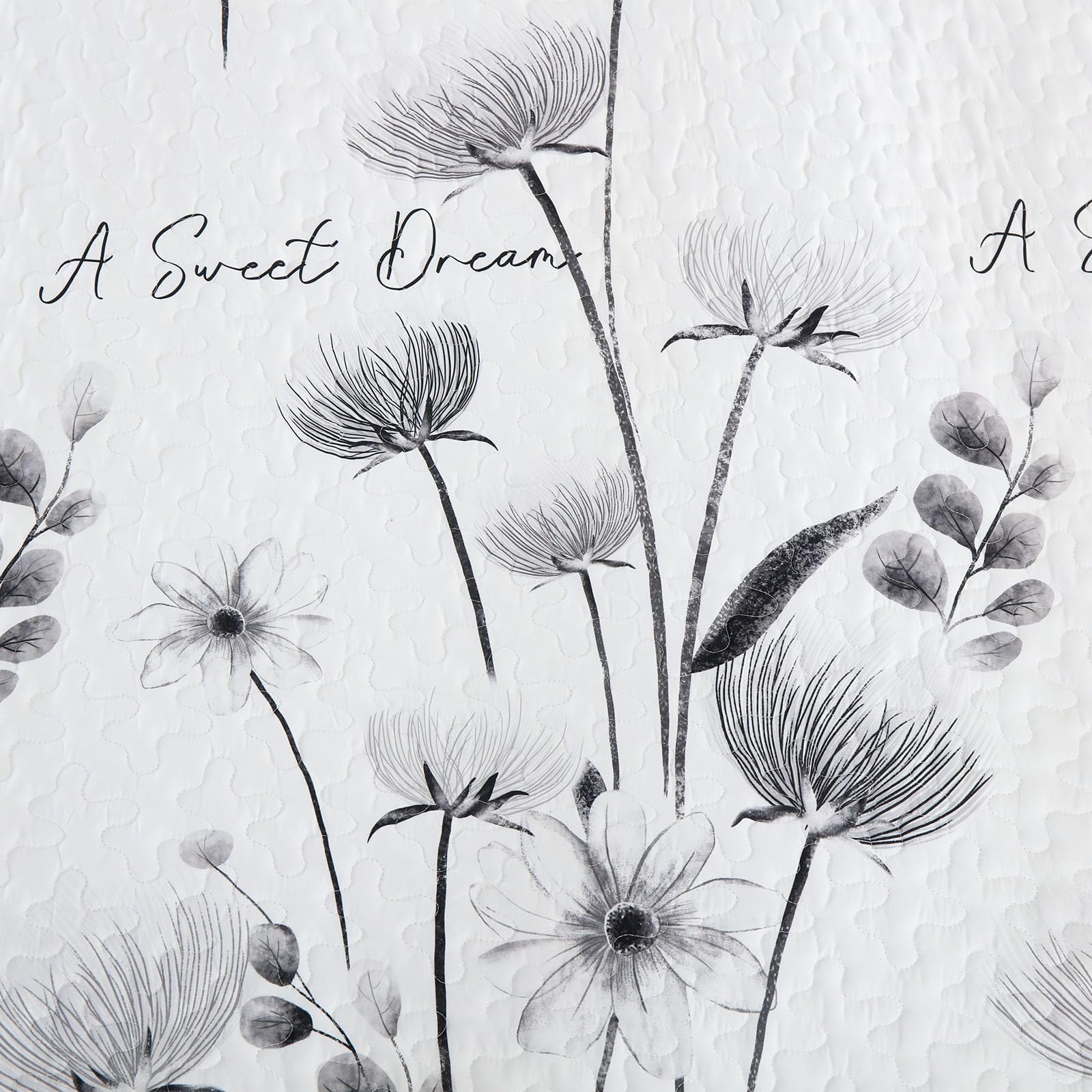 Dinjoy Floral Quilt Set California King Size,Gray Bedspread Farmhouse Bedding Set Soft Lightweight Quilts 3 Piece White Oversized Flower Plant Bed Cover Sets for Fall Winter (Cal King,106"x95")