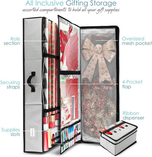 Hearth & Harbor Wrapping Paper Storage Container - Christmas Gift Wrap Organizer with Ribbon Dispenser | Holds 26 Rolls, Silver