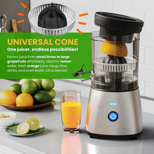Eurolux Electric Citrus Juicer - Premium Stainless Steel One-Touch Squeezer for Oranges, Lemons & Limes | Quiet & Easy to Clean Kitchen Appliance