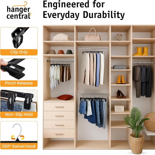 Hanger Central 30 Pack Pants Hangers - Heavy Duty Non-Slip Slim Plastic Clips for Skirts & Pants - Black