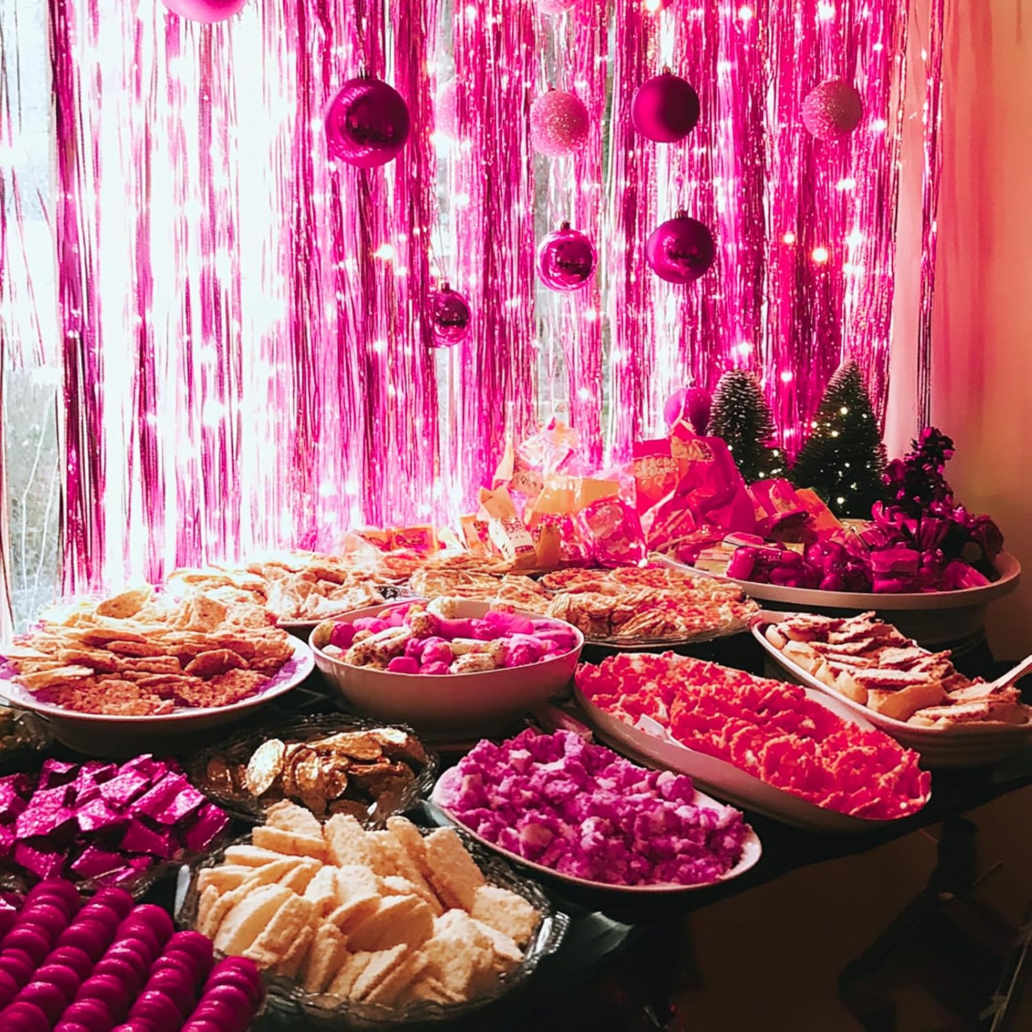 PartyWoo Hot Pink Foil Fringe Curtain - 3pcs 8.2ft Magenta Tinsel Backdrop for Birthday & Bachelorette Parties