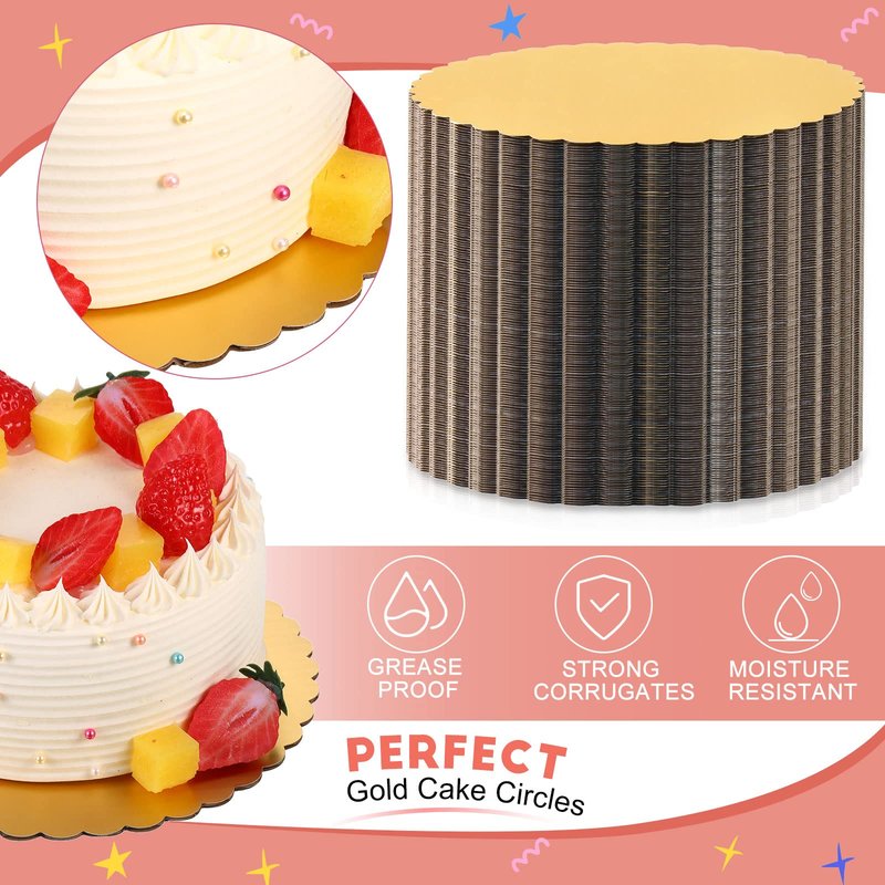 Eaasty 100 Pack Gold Cake Boards Round Cake Base Boards Disposable Plate Scalloped Bases Round Coated Circle Trays Base for Dessert Party Supplies(8 Inch)