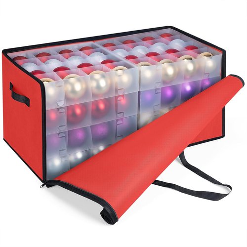 BALEINE Christmas Ornament Storage Box - Premium Container with Dividers for 128 Balls | Red, Soft