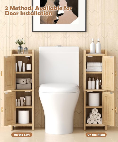 Akxomel Rattan Bathroom Cabinet - 2-Door Narrow Storage Unit for Small Spaces | Natural Oak, 7.9''D x 7.9''W