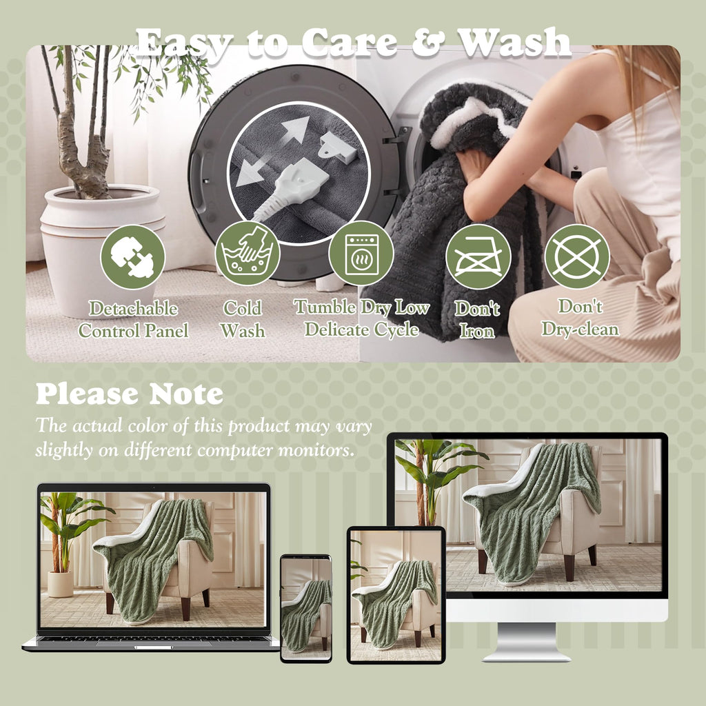 ACCU-WARMTH Tufted Heated Blanket Throw Size - Fast Warming with 6 Heat Settings & 4 Hours Auto-Off, Electric Throw Blanket for Couch, 50"x60", Sage Green