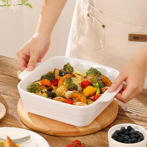 DOWAN 8x8 Ceramic Baking Dish - Versatile Square Casserole Pan with Handle, 2 Quart, White