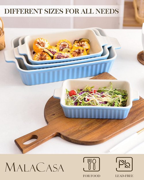 MALACASA Bakeware Set - 4-Piece Porcelain Baking Pans for Oven | Blue Casserole Dishes (9.4"-14.7")