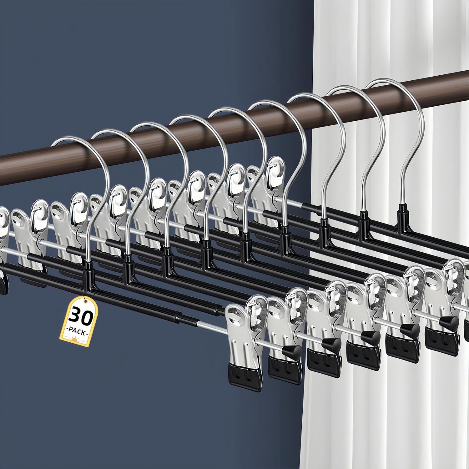 Skiennix 30-Pack Adjustable Pants Hangers - Heavy Duty Non-Slip Clips for Trousers & Skirts | Black