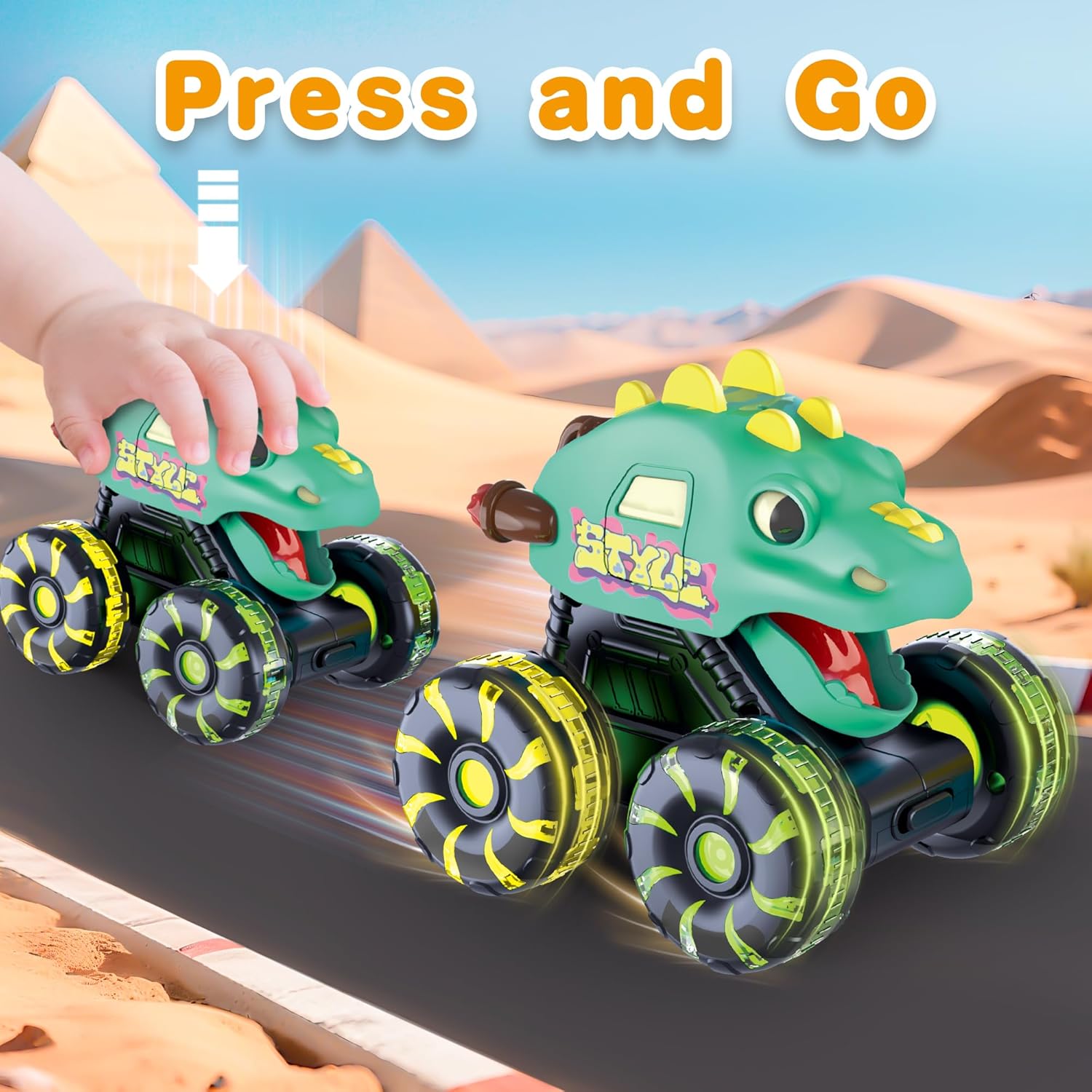 Skiennix Dinosaur Monster Truck Toys - 3 Pack with Light-Up LED Wheels for Toddlers