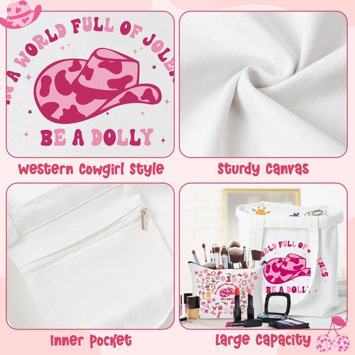 CZgfva 2Pcs Western Pink Cowgirl Hat Canvas Makeup Tote Bag Set, Inspired Country Music Cosmetic Pouch, Foldable Reusable Grocery Folding Shopping Hand Bag Country Music Lovers Fans Gifts for Women