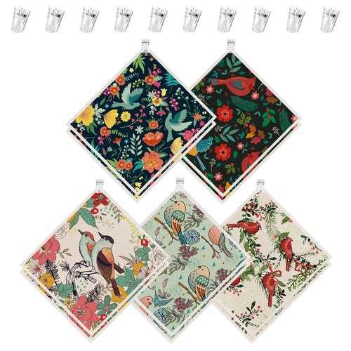 wlich 10PCS Swedish Dishcloths for Kitchen, Reusable Dish Rags for Washing Dishes with Clips, Non-Scratch Kitchen Towels and Dishcloths Sets, Washable Swedish Dish Cloths, No Odor(Birds Flowers)