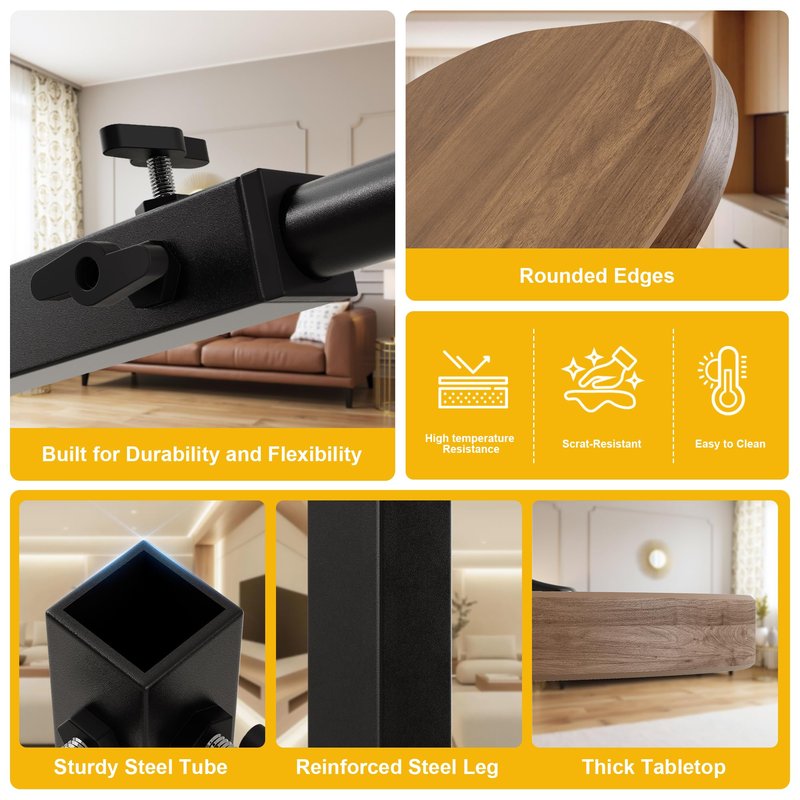C Shaped End Side Table with Anti-Drop Rod, Adjustable Height & 360° Swivel Snack Table for Couch, Sofa, Bedroom, Living Room, TV Tray Table for Eating, Dinner or Laptop, Small Spaces, Walnut