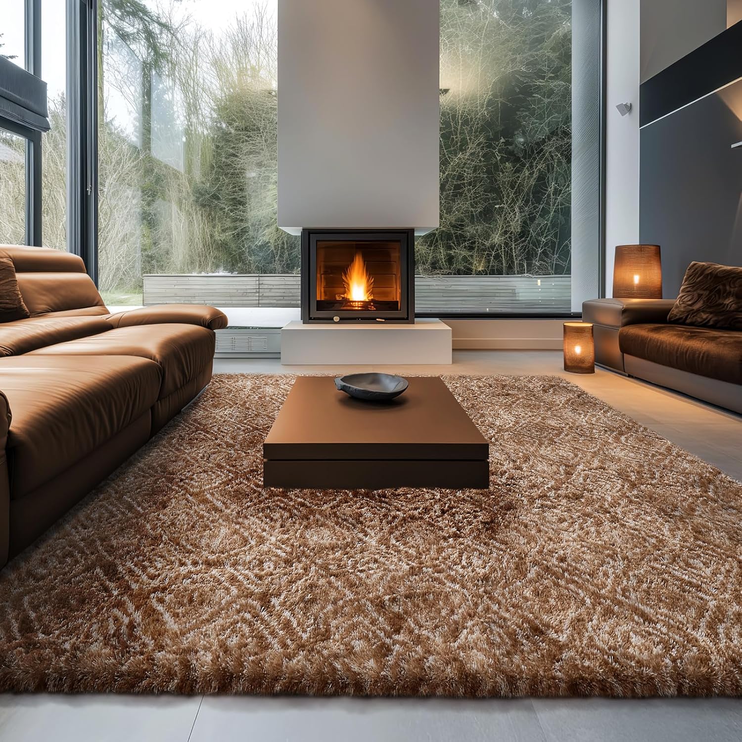 Ophanie Brown & White Diamond Striped Rug - Fluffy Shag 9x12 for Living Room & Bedroom Decor