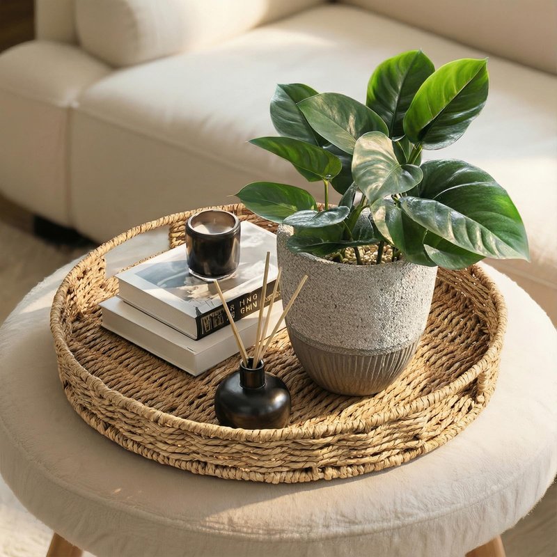 Round Ottoman Tray Large Wicker Serving Tray with Handles for Coffee Table, 20 Inch Handwoven Natural Water Hyacinth Tray Scalloped Edges
