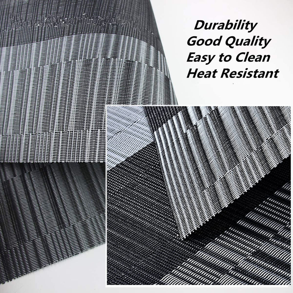 Xmkuwa Placemats, Washable PVC Table Mats, Woven Vinyl Placemat for Dining Table Place Mats Set (6 Placemats and 1 Table Runner, Black and Grey)