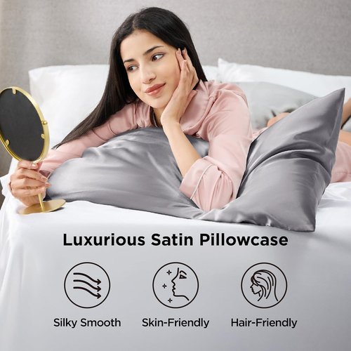 Bedsure Satin Pillowcase - Luxurious Silk-Like Comfort | Standard Size Dark Grey, 20x26 Inches, 2-Pack